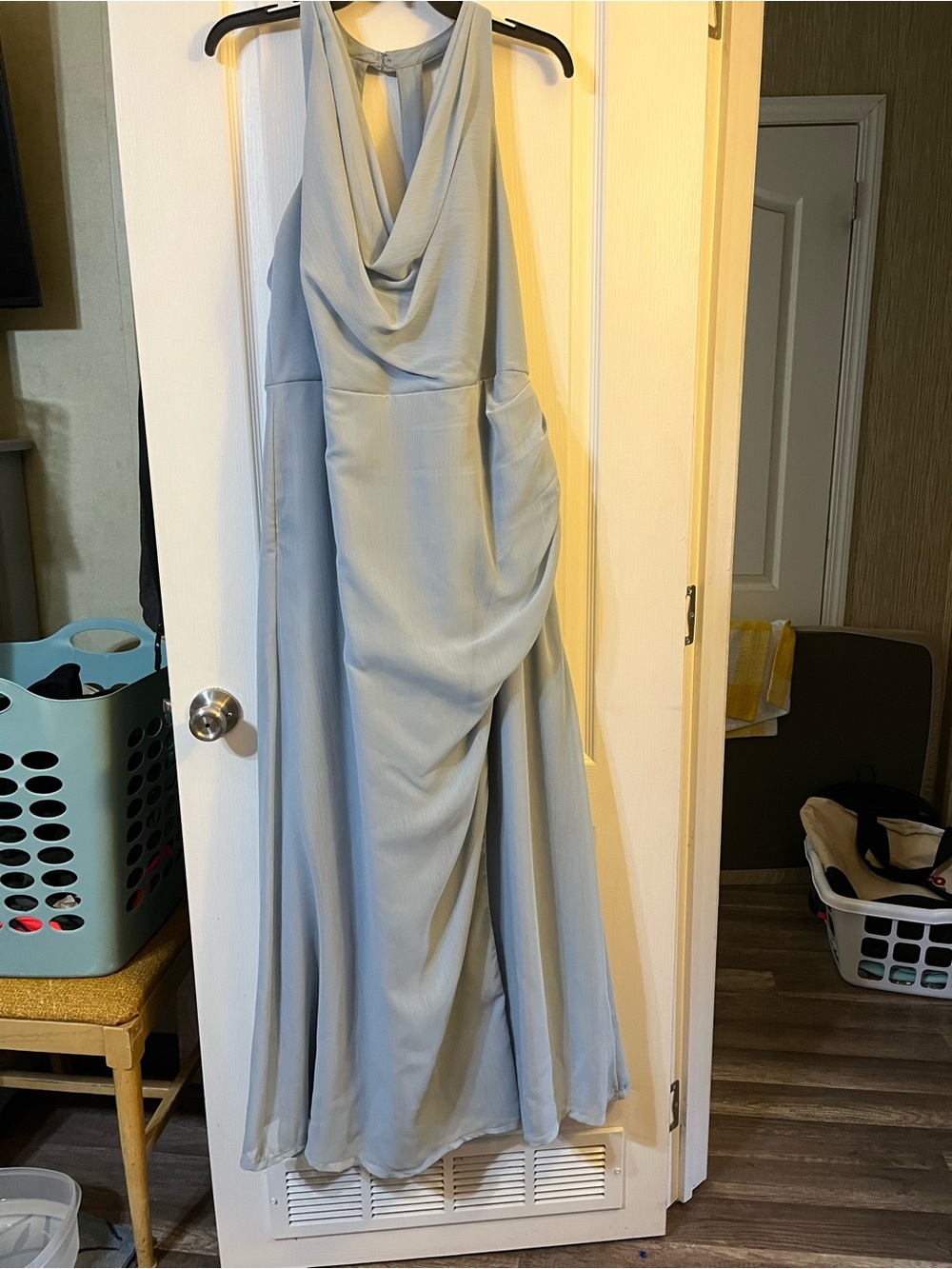 Light Blue Draped Halter Evening Dress